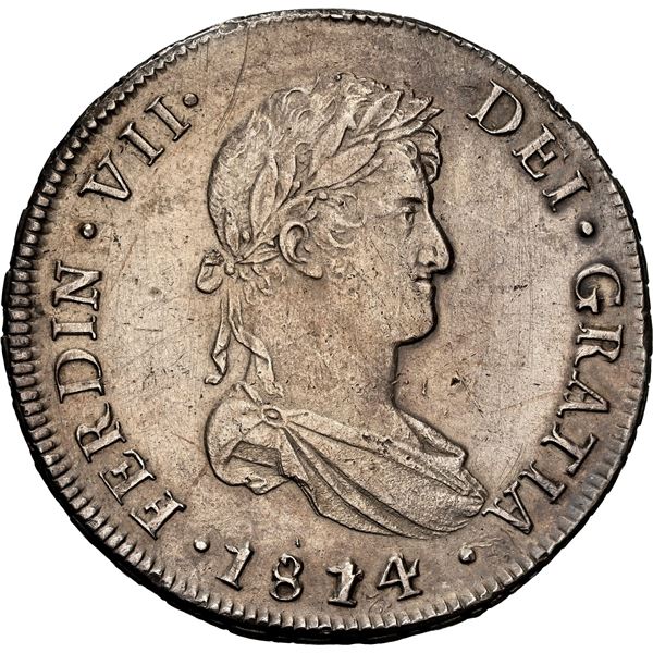 CHILE, Santiago, bust 8 reales, Ferdinand VII, 1814 FJ, NGC UNC details / harshly cleaned (Colección