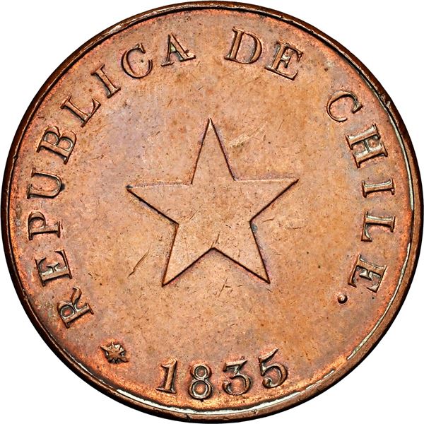 CHILE, struck in Birmingham, copper 1 centavo, 1835, thick flan, NGC MS 61 BN (Colección Val y Mexía