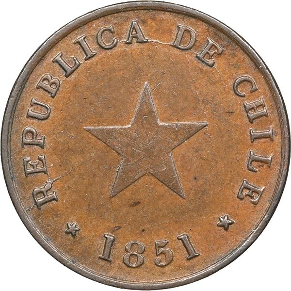 CHILE, struck in Birmingham, copper ½ centavo, 1851, high date between small stars, dots on reverse,