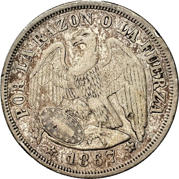 CHILE, Santiago, "condor" peso, 1867, "un peso" variety, NGC XF details / rev cleaned (Colección Val