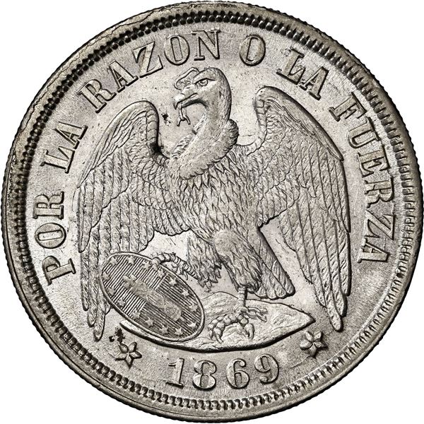 CHILE, Santiago, "condor" peso, 1869, NGC MS 63 (Colección Val y Mexía Label).