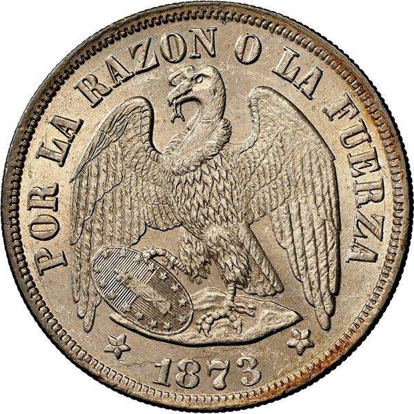 CHILE, Santiago, "condor" peso, 1873, NGC MS 63+ (Colección Val y Mexía Label), ex-Siegel.