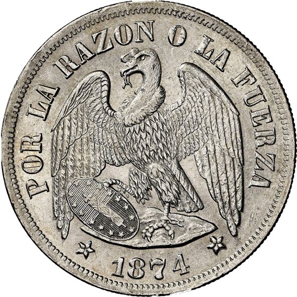 CHILE, Santiago, "condor" peso, 1874, NGC MS 62+ (Colección Val y Mexía Label).
