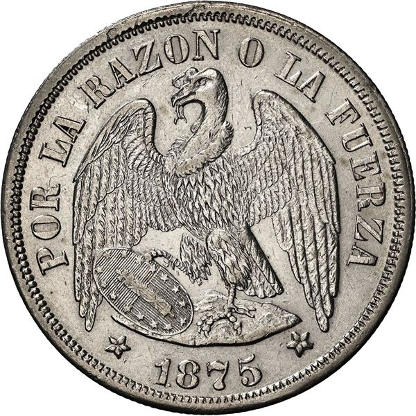 CHILE, Santiago, "condor" peso, 1875/0, NGC AU 55 (Colección Val y Mexía Label).