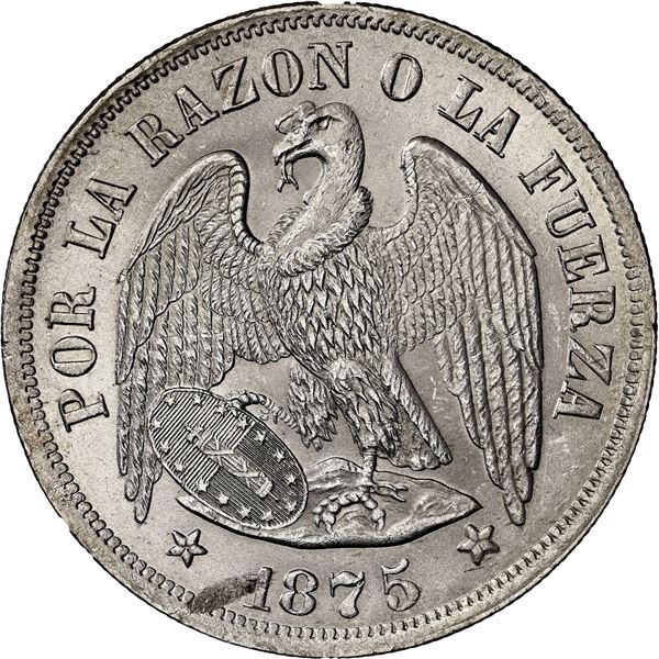 CHILE, Santiago, "condor" peso, 1875, NGC MS 64 (Colección Val y Mexía Label).