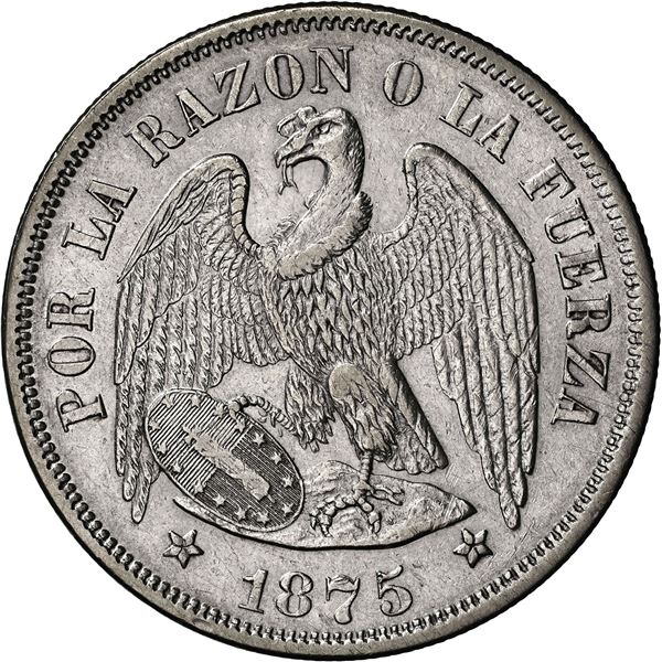 CHILE, Santiago, "condor" peso, 1875, M on ground, NGC AU 55 (Colección Val y Mexía Label).