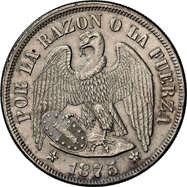 CHILE, Santiago, "condor" peso, 1875, N-M on ground, NGC MS 61 (Colección Val y Mexía Label).