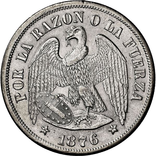 CHILE, Santiago, "condor" peso, 1876, N-M on ground, NGC MS 61 (Colección Val y Mexía Label).