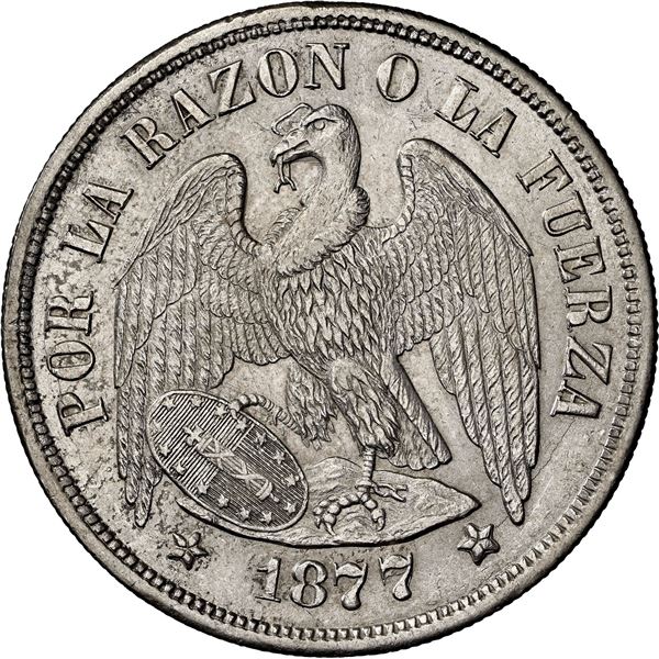 CHILE, Santiago, "condor" peso, 1877/7, NGC MS 61 (Colección Val y Mexía Label), ex-Val y Mexia Coll