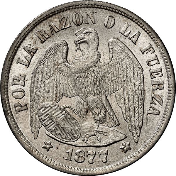 CHILE, Santiago, "condor" peso, 1877, NGC MS 65+ (Colección Val y Mexía Label), finest known in NGC 