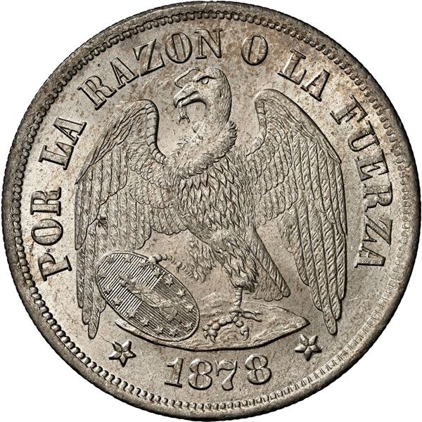 CHILE, Santiago, "condor" peso, 1878, NGC MS 65+ (Colección Val y Mexía Label), finest known in NGC