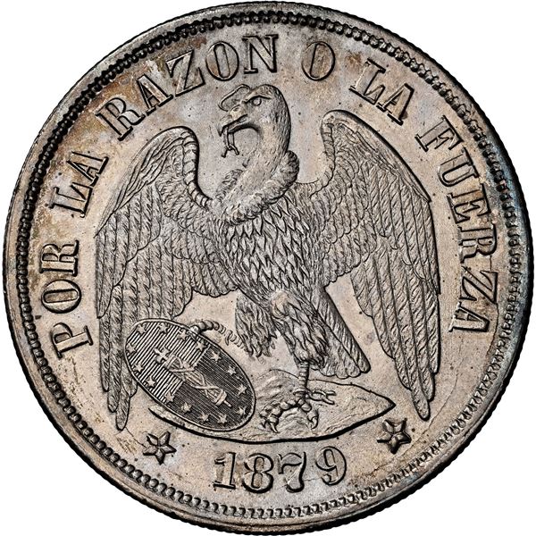 CHILE, Santiago, "condor" peso, 1879, NGC MS 65 (Colección Val y Mexía Label).