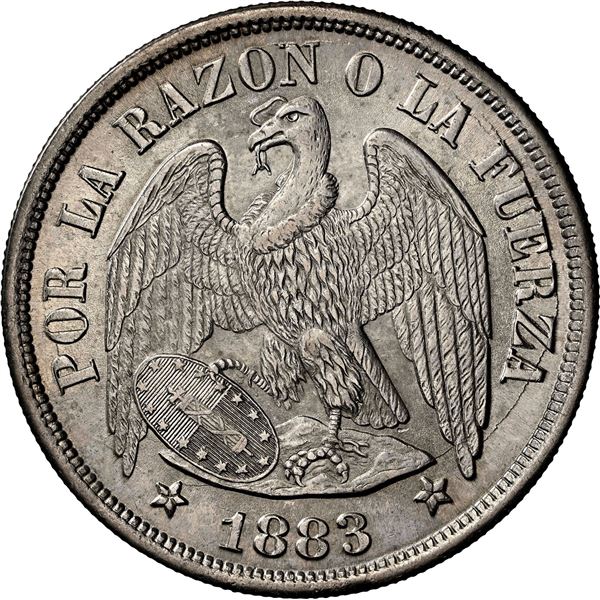 CHILE, Santiago, "condor" peso, 1883/2, round-top 3, rare, NGC MS 63 (Colección Val y Mexía Label).
