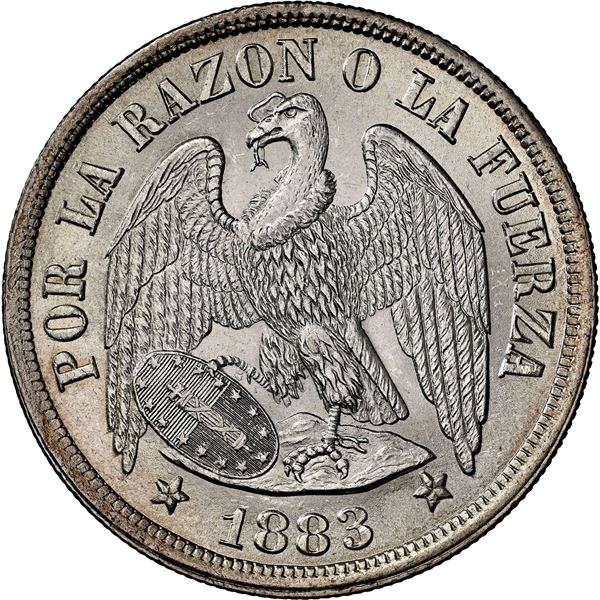 CHILE, Santiago, "condor" peso, 1883, round-top 3, NGC MS 65+ (Colección Val y Mexía Label).