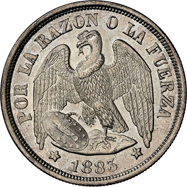 CHILE, Santiago, "condor" peso, 1883, flat-top 3 restrike, coin alignment, NGC MS 64 (Colección Val 