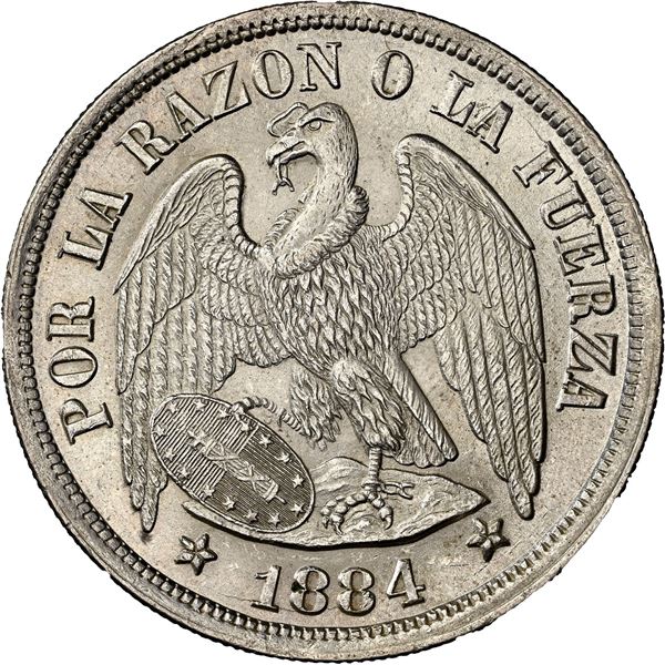 CHILE, Santiago, "condor" peso, 1884, NGC MS 65 (Colección Val y Mexía Label).