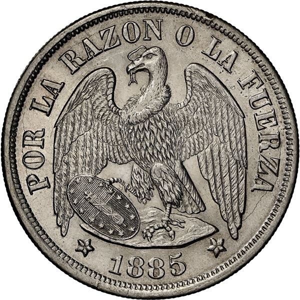 CHILE, Santiago, "condor" peso, 1885/3, NGC MS 63 (Colección Val y Mexía Label), "top pop."