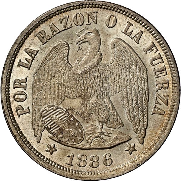 CHILE, Santiago, "condor" peso, 1886, NGC MS 65 (Colección Val y Mexía Label), "top pop."