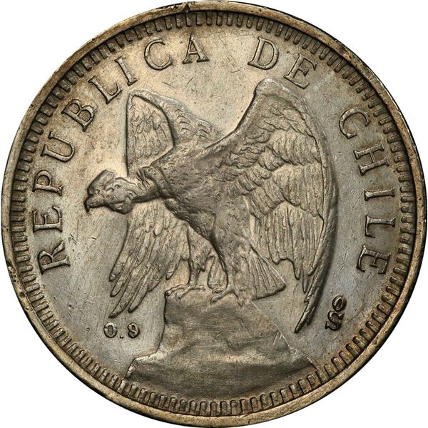 CHILE, Santiago, pattern 5 pesos, 1927, milled edge, PCGS SP AU details / cleaned.