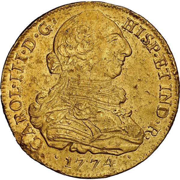 COLOMBIA, Popayán, gold bust 8 escudos, Charles III, 1774 JS, NGC UNC details / damaged, ex-Becerra.