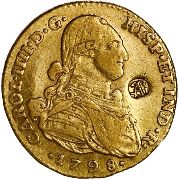 COLOMBIA, Bogotá, gold bust 2 escudos, Charles IV, 1798 J•J, with private countermark "LAC"
