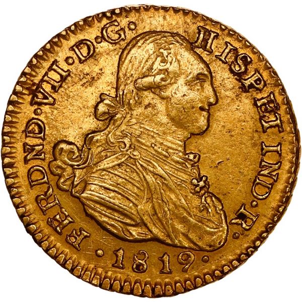 COLOMBIA, Bogotá, gold bust 1 escudo, Ferdinand VII (bust of Charles IV), 1819 J•F, ex-JEAS