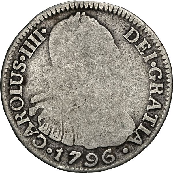 COLOMBIA, Bogotá, bust 2 reales, Charles IV, 1796 J•J, NGC AG 3, ex-Becerra.