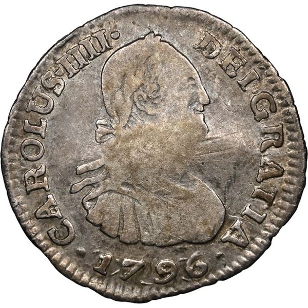 COLOMBIA, Bogotá, bust ½ real, Charles IV, 1796 J•J, recut date, very rare, NGC VF 25, fine