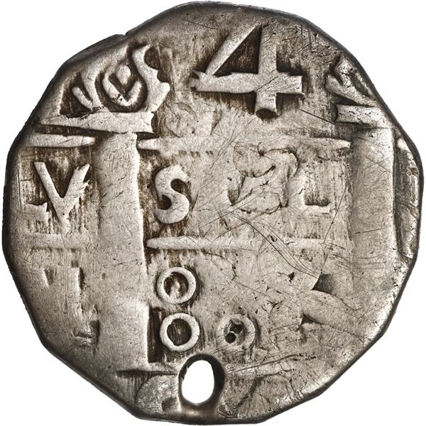 COLOMBIA, Cartagena, "imitation cob" 4 reales, "888" date (1814), struck over a previous issue, very