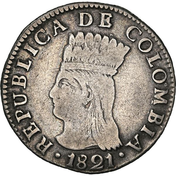 COLOMBIA, Bogotá (Cundinamarca), 2 reales, 1821 JF, no BA, stars on reverse, NGC VF details / cleane