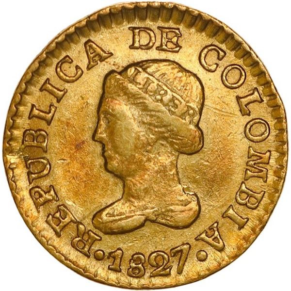 COLOMBIA, Bogotá, gold 1 peso, 1827 RR, medal alignment, ex-JEAS.