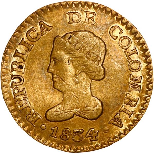 COLOMBIA, Bogotá, gold 1 peso, 1834 RS, ex-JEAS.