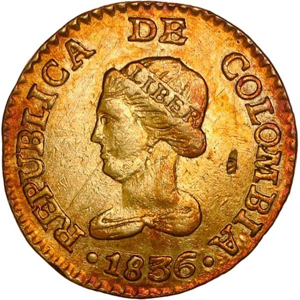 COLOMBIA, Bogotá, gold 1 peso, 1836 RS, ex-JEAS.