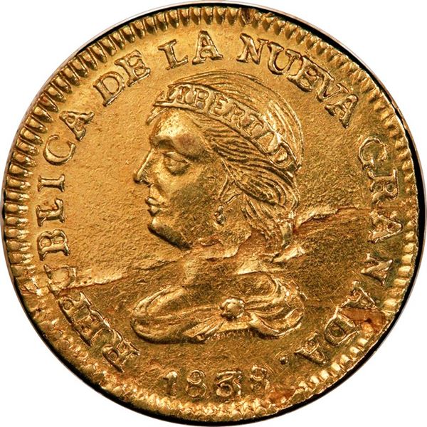 COLOMBIA, Popayán, gold 2 pesos, 1838 RU, PCGS AU details / cleaned, ex-JEAS, ex-Eldorado.