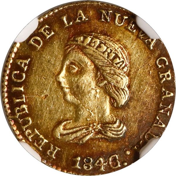 COLOMBIA, Bogotá, gold 1 peso, 1846/2 RS, NGC AU 55, ex-Frank Sedwick.