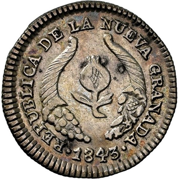 COLOMBIA, Bogotá, ½ real, 1843 RS, NGC AU details / cleaned, finest known in NGC census, ex-Toulemon