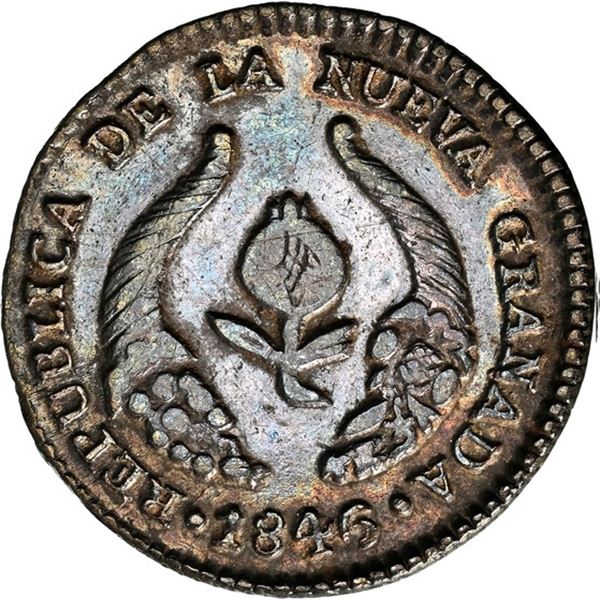 COLOMBIA, Bogotá, ½ real, 1846 RS, NGC XF 40, finest known in NGC census, ex-Toulemonde.