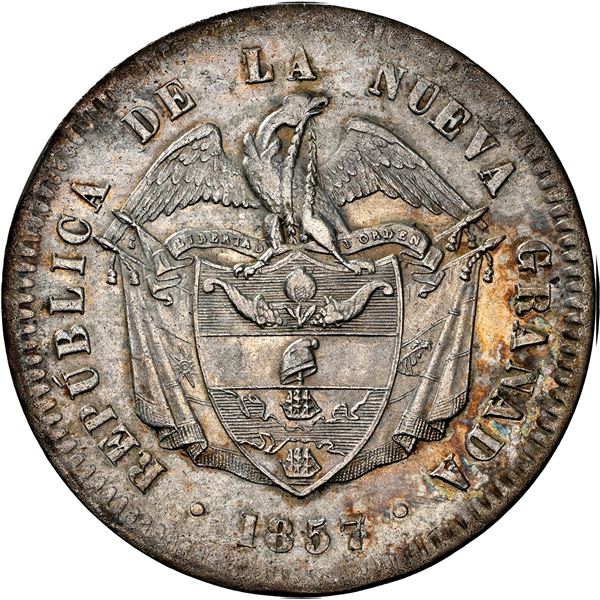 COLOMBIA, Bogotá, 1 peso, 1857, NGC AU details / cleaned, "top pop," ex-Toulemonde.