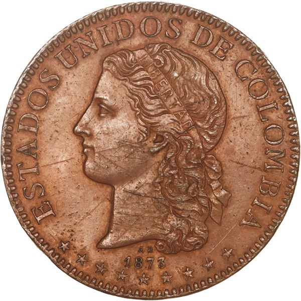 COLOMBIA, Medellín, bronze pattern for gold 10 pesos, 1873, Barré bust (AB below), ex-JEAS.