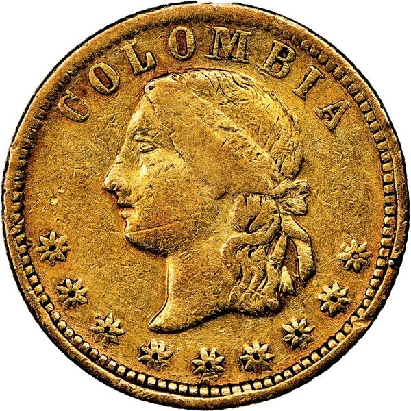 COLOMBIA, Medellín, gold 5 pesos, 1864, COLOMBIA, large stars, very rare, NGC VF details / cleaned, 