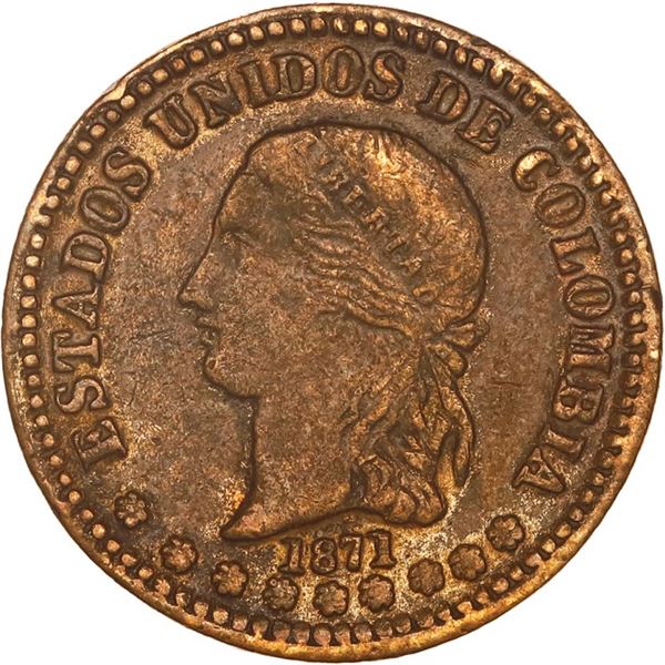 COLOMBIA, Medellín, brass pattern for gold 2 pesos, 1871, ex-JEAS.