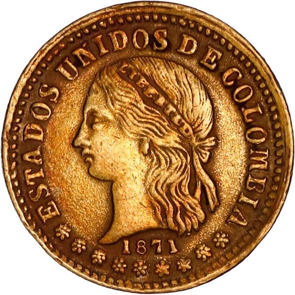 COLOMBIA, Medellín, gold 2 pesos, 1871, nice effigy, ex-JEAS.