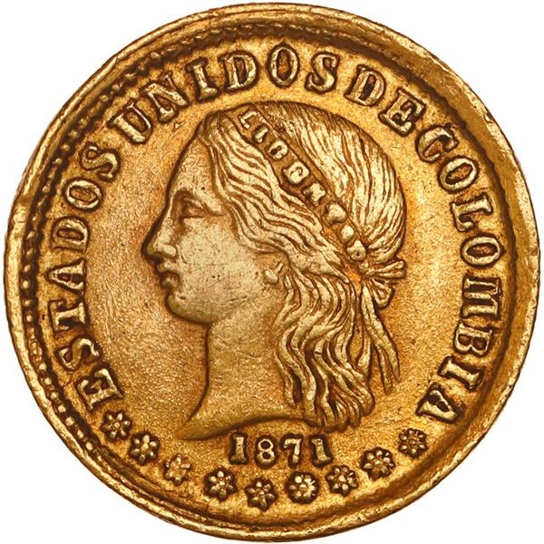 COLOMBIA, Medellín, gold 2 pesos, 1871, thicker effigy, ex-JEAS.