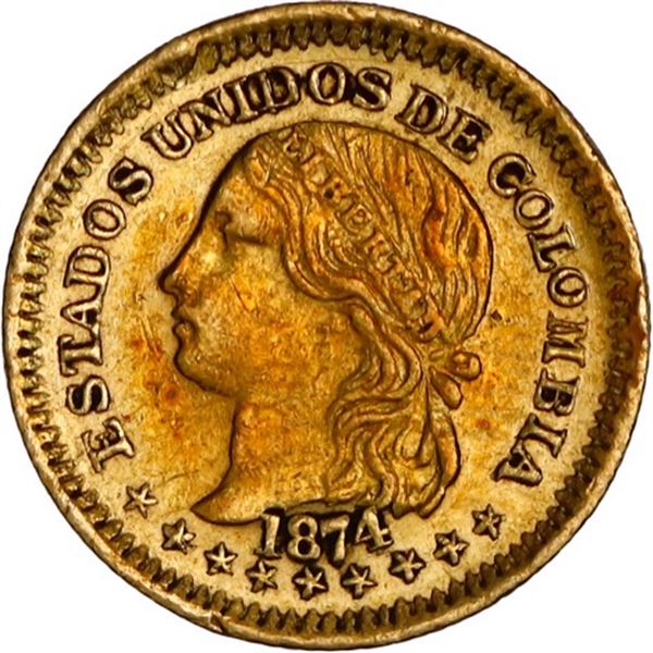 COLOMBIA, Bogotá, gold 1 peso, 1874, ex-JEAS.