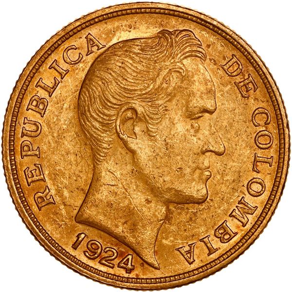 COLOMBIA, Bogotá, gold 10 pesos, 1924, mintmark B to left, ex-JEAS.