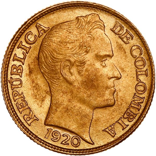 COLOMBIA, Medellín, gold 5 pesos, 1920, mintmark A to right, ex-JEAS.