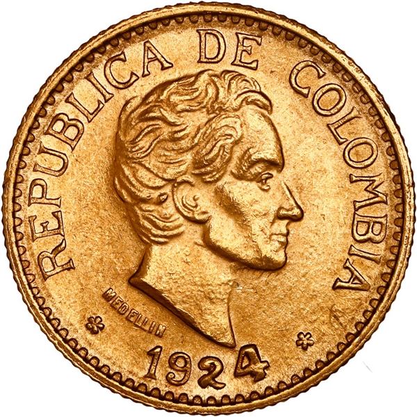 COLOMBIA, Medellín, gold 5 pesos, 1924, large 4 in date, ex-JEAS.