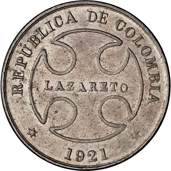COLOMBIA, Bogotá, copper-nickel 50 centavos, 1921-RH, Lazareto, NGC MS 63, finest and only example i