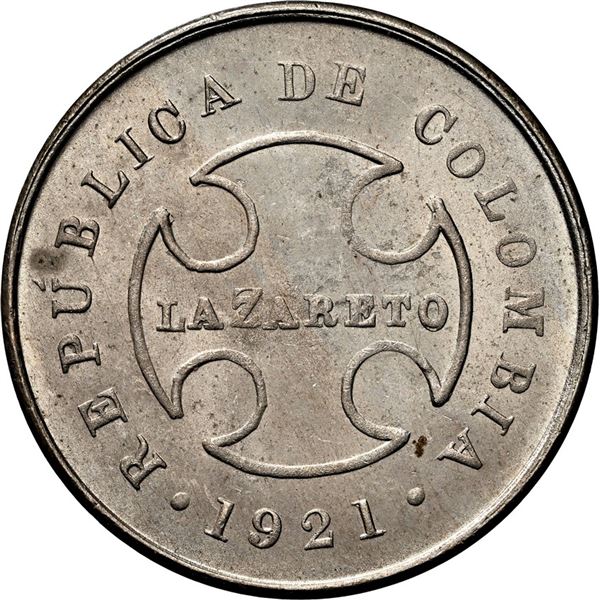 COLOMBIA, Bogotá, copper-nickel 10 centavos, 1921-RH, Lazareto, NGC MS 64, finest and only example i
