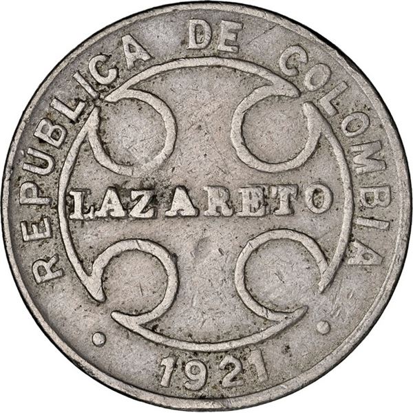 COLOMBIA, Bogotá, copper-nickel 1 centavo, 1921-RH, Lazareto, NGC AU details / cleaned, finest and o
